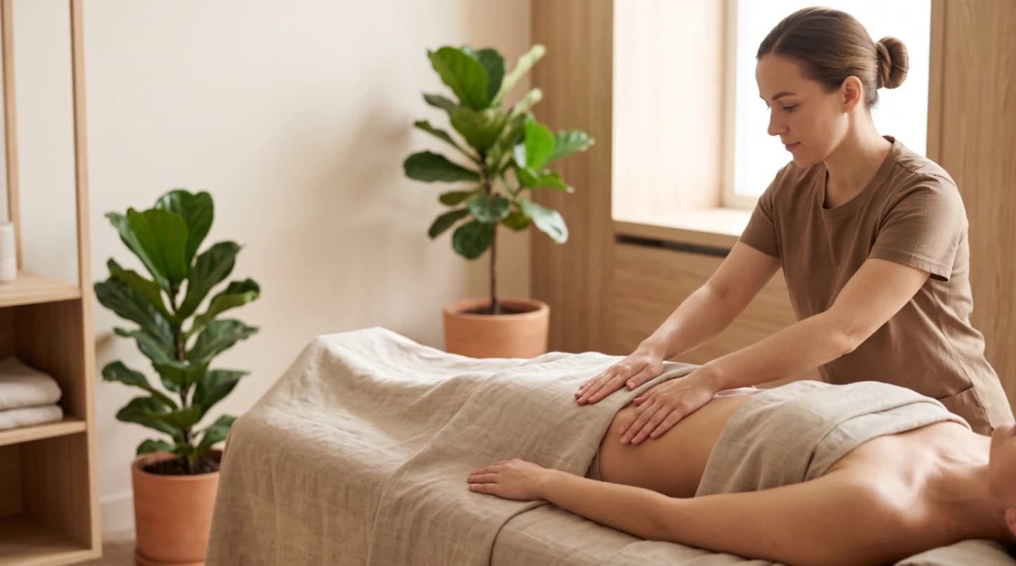 Massage therapist performing an abdominal lymphatic drainage massage with gentle, rhythmic strokes on a relaxed client in a modern studio.