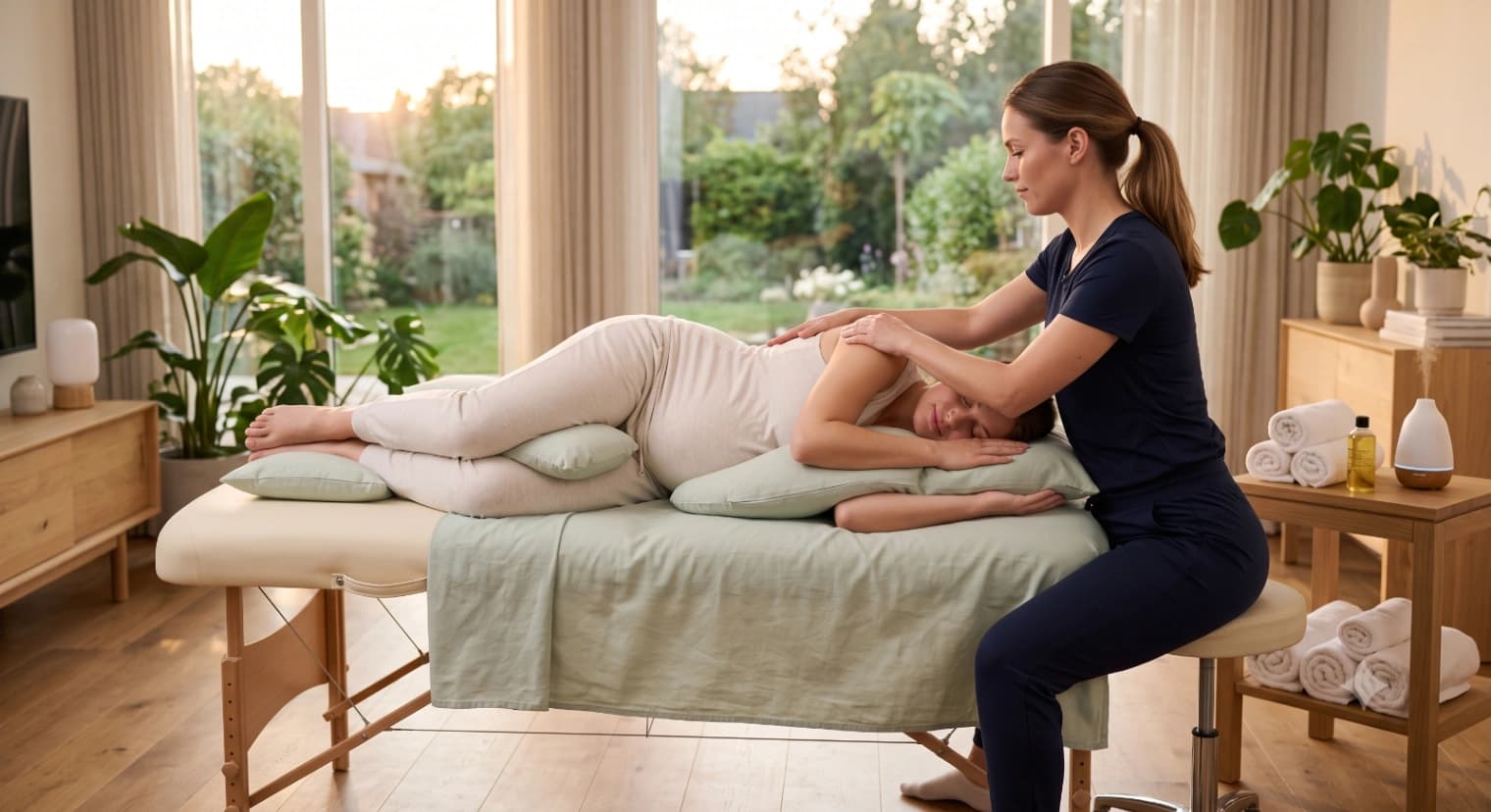 Massage therapist performing a gentle prenatal massage on a pregnant client in a side-lying position with supportive pillows