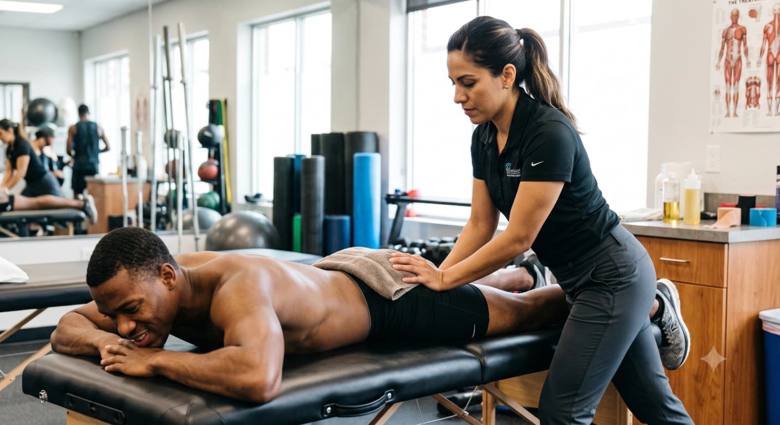 Sports massage therapist applying deep tissue techniques and stretching to an athlete's leg for muscle recovery