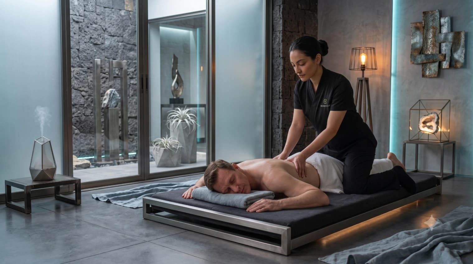 Shiatsu massage therapist applying rhythmic finger and palm pressure along meridians for energy flow and stress relief