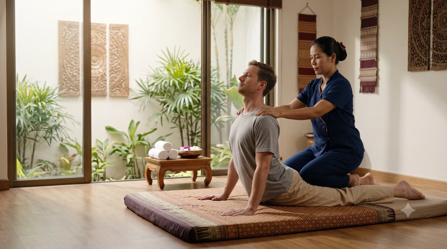 Thai massage practitioner performing assisted yoga stretches and rhythmic compression on a client on a floor mat