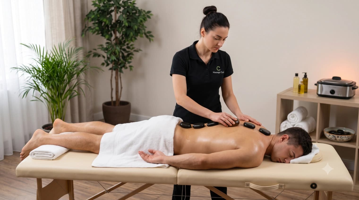 Massage therapist using heated basalt stones along the back for chronic muscle tension relief and relaxation