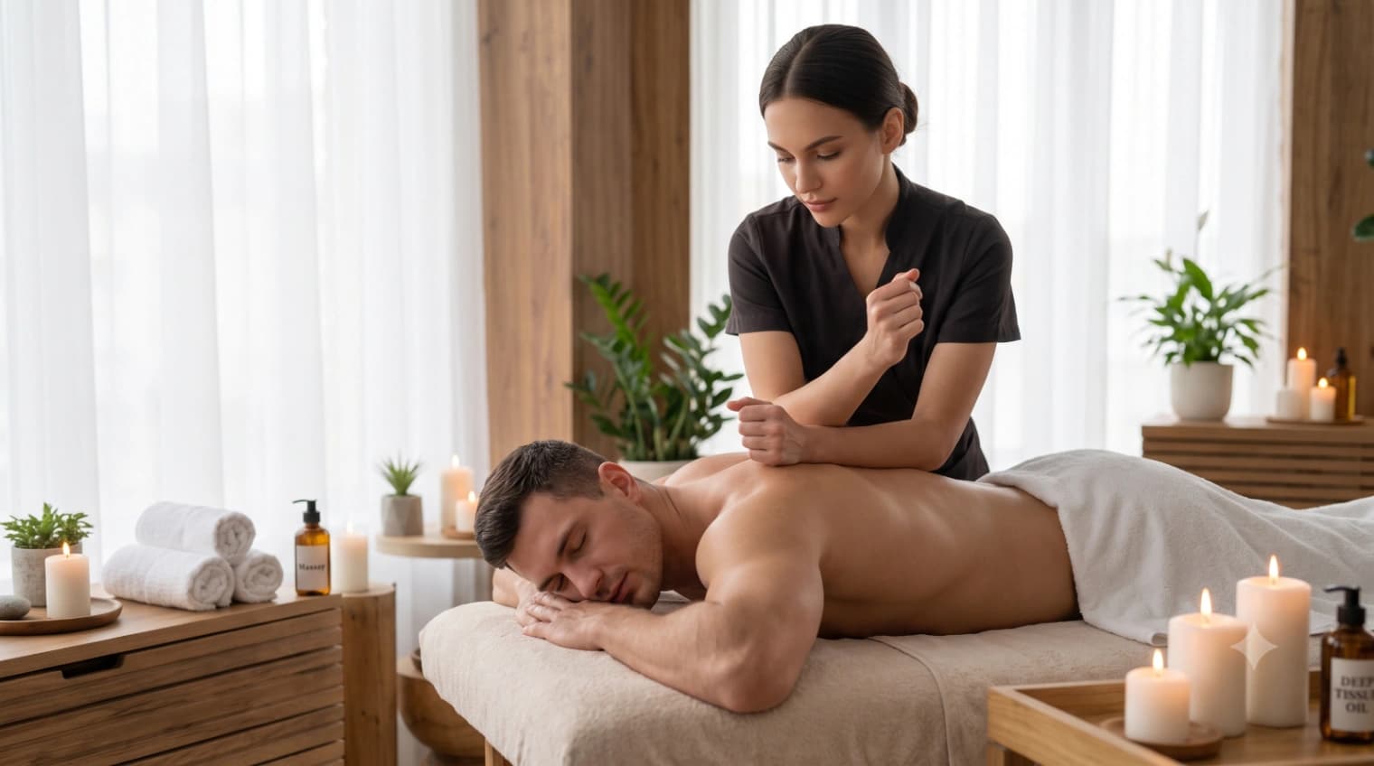 Massage therapist performing a relaxing Swedish massage with long gliding strokes for tension relief and circulation