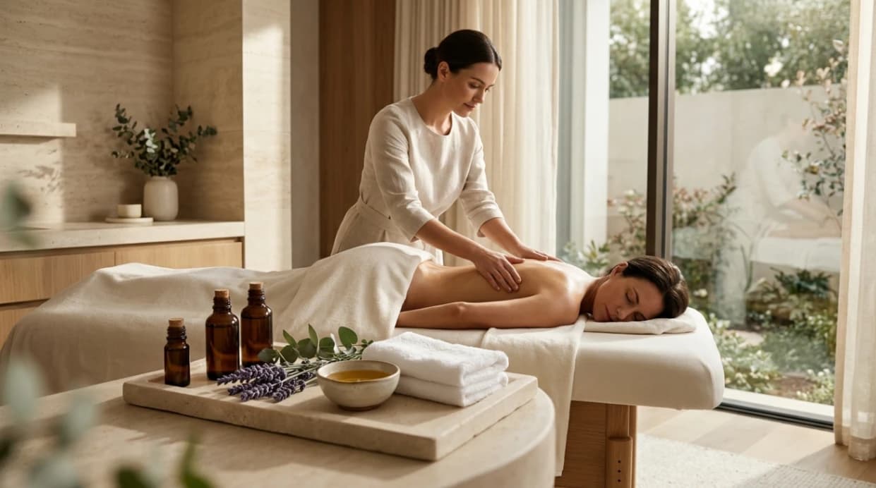 Editorial-style photograph of a massage therapist performing a relaxing aromatherapy massage in a minimalist luxury spa, with a still life of essential oils, lavender, and towels in the foreground.