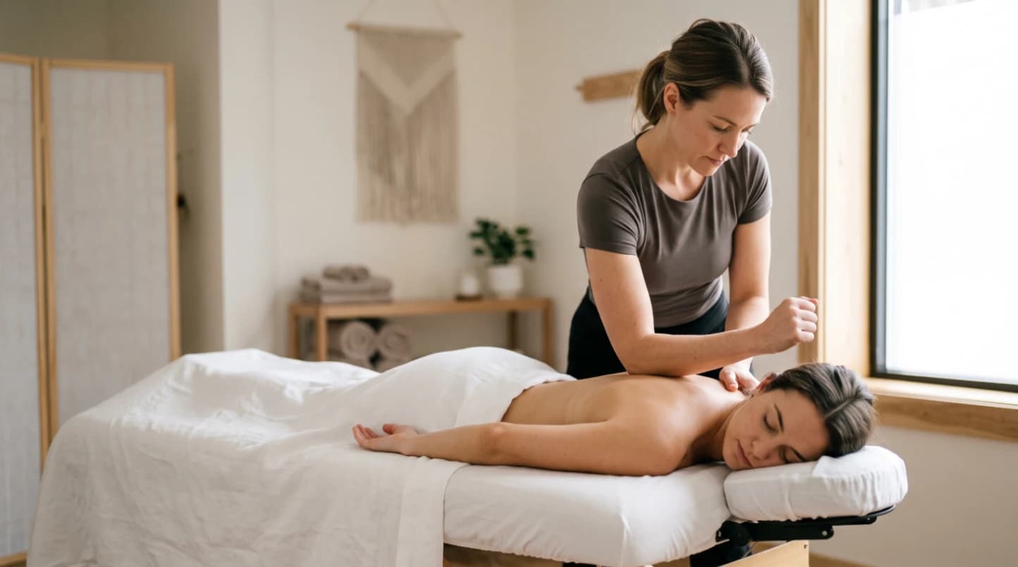Massage therapist applying firm forearm pressure to a client's shoulder during a deep tissue massage in a modern therapy studio